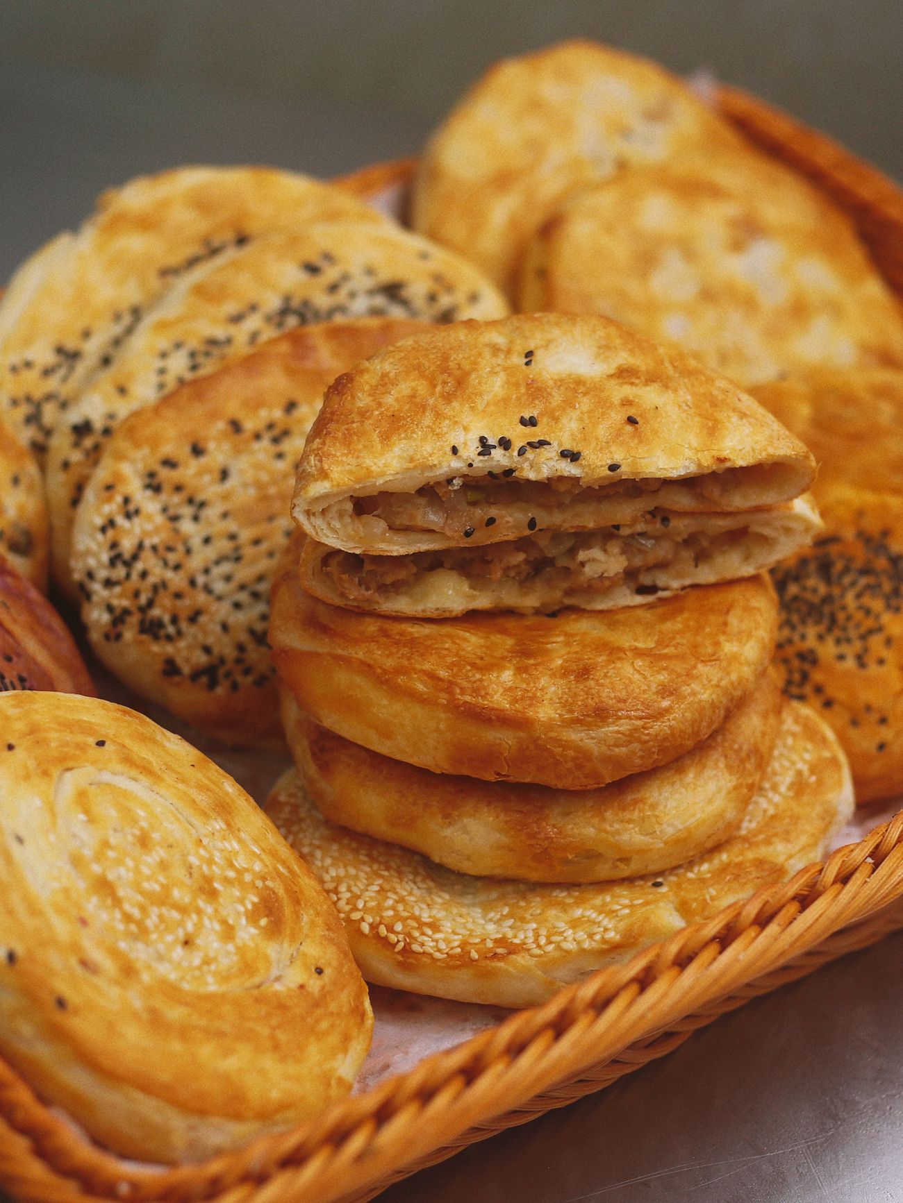 Basket of baked savoury pastries
